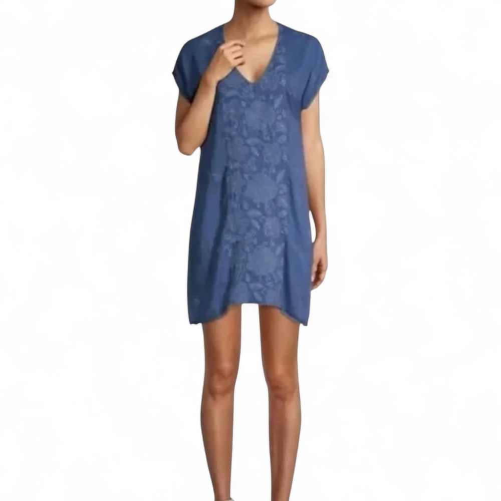 JOHNNY WAS Jolie Willow Periwinkle Floral Embroidered Mini Dress Tunic Women's S